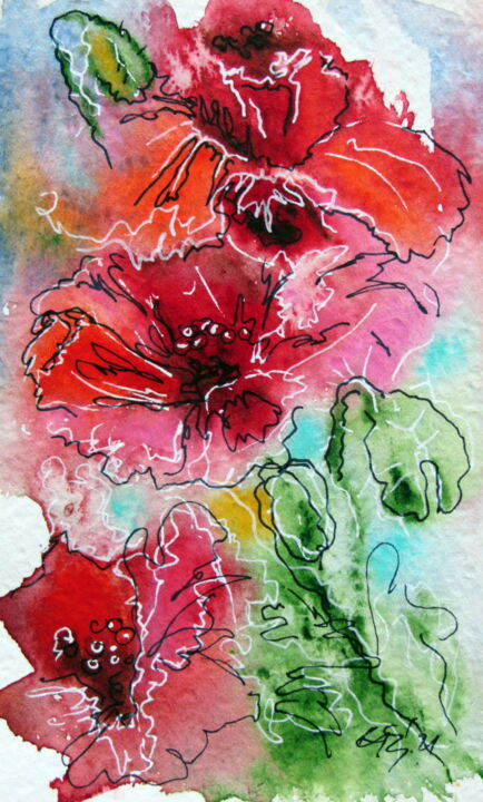 Painting titled "Little red poppies" by Anna Brigitta Kovacs (KAB), Original Art, Watercolor