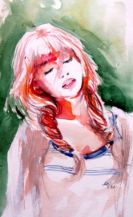 Painting titled "Dreamer blondie girl" by Anna Brigitta Kovacs (KAB), Original Artwork, Watercolor