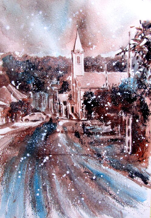 Painting titled "My little town at s…" by Anna Brigitta Kovacs (KAB), Original Artwork, Watercolor