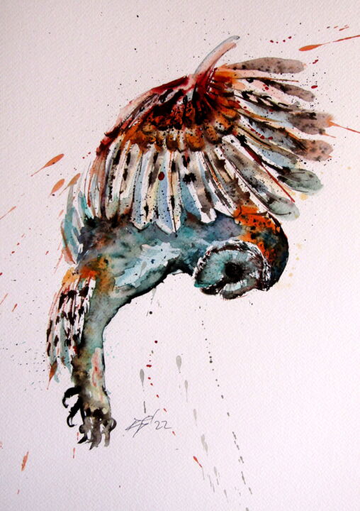 Painting titled "Flying barn owl" by Anna Brigitta Kovacs (KAB), Original Artwork, Watercolor