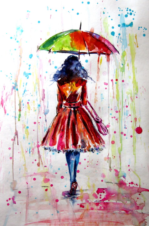 Painting titled "Colorful rainy day" by Anna Brigitta Kovacs (KAB), Original Artwork, Watercolor