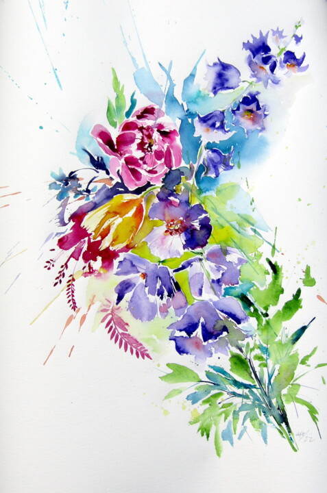 Painting titled "Colorful flowers" by Anna Brigitta Kovacs (KAB), Original Artwork, Watercolor