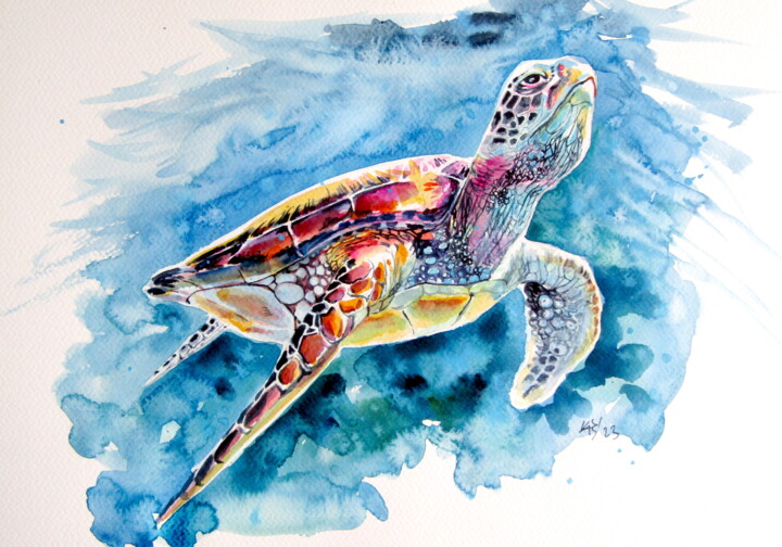 Painting titled "Turtle" by Anna Brigitta Kovacs (KAB), Original Artwork, Watercolor