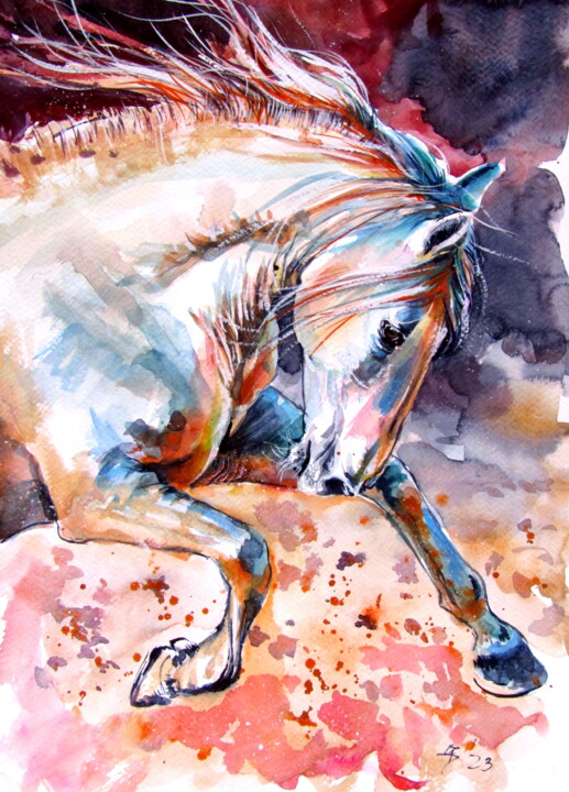 Painting titled "Running horse" by Anna Brigitta Kovacs (KAB), Original Artwork, Watercolor