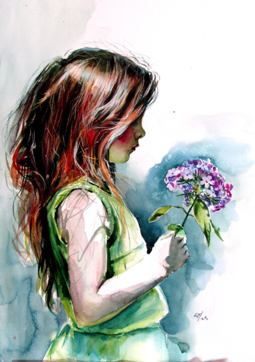 Painting titled "Little girl with pu…" by Anna Brigitta Kovacs (KAB), Original Artwork, Watercolor