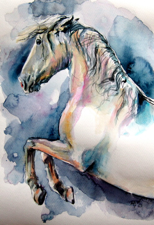 Malerei mit dem Titel "Playing horse" von Anna Brigitta Kovacs (KAB), Original-Kunstwerk, Aquarell