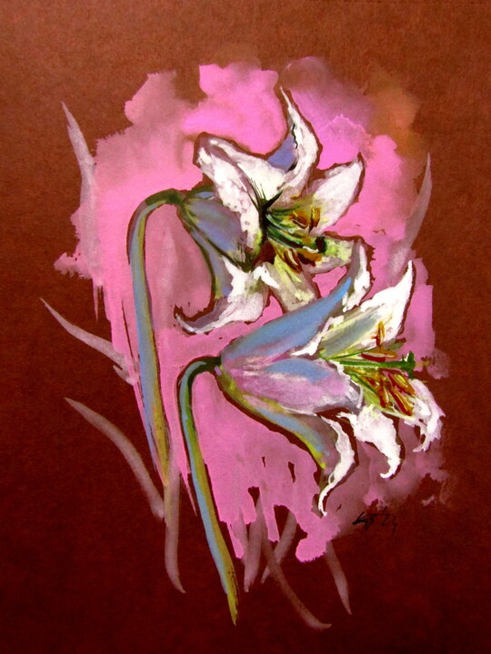Painting titled "Lilies" by Anna Brigitta Kovacs (KAB), Original Artwork, Watercolor
