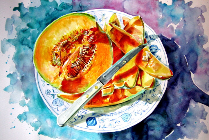 Schilderij getiteld "Melon still life" door Anna Brigitta Kovacs (KAB), Origineel Kunstwerk, Aquarel