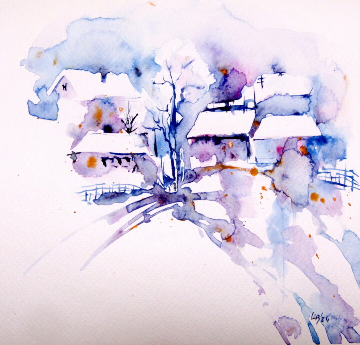 Peinture intitulée "Winter village II" par Anna Brigitta Kovacs (KAB), Œuvre d'art originale, Aquarelle