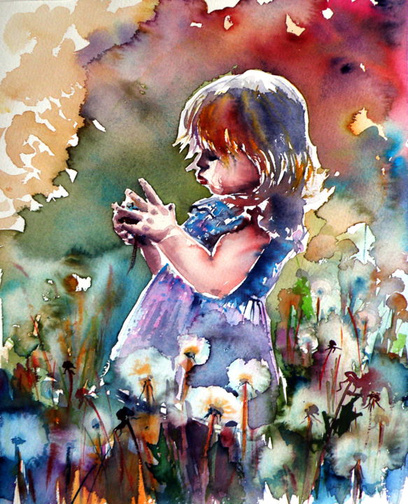 Painting titled "Little girl with da…" by Anna Brigitta Kovacs (KAB), Original Artwork, Watercolor