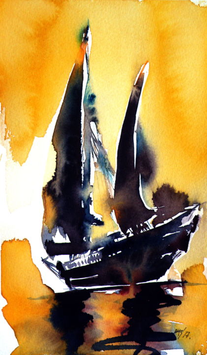 Painting titled "Sailboat at sunset" by Anna Brigitta Kovacs (KAB), Original Artwork, Watercolor