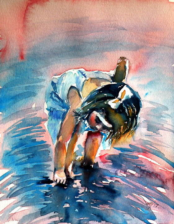 Painting titled "Little girl playing" by Anna Brigitta Kovacs (KAB), Original Artwork, Watercolor