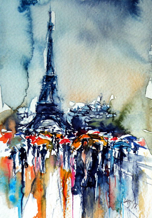 Schilderij getiteld "Paris in rain" door Anna Brigitta Kovacs (KAB), Origineel Kunstwerk, Aquarel