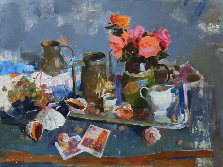 Painting titled "still life with ros…" by Serhii Kovalenko, Original Artwork, Oil