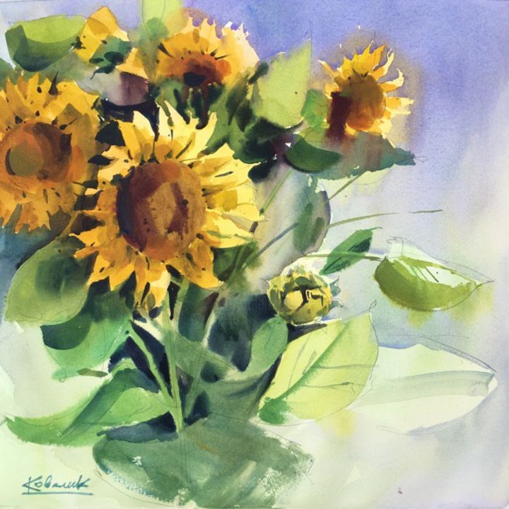 Pittura intitolato ""Sunflowers"" da Andrei Kovalik, Opera d'arte originale, Acquarello