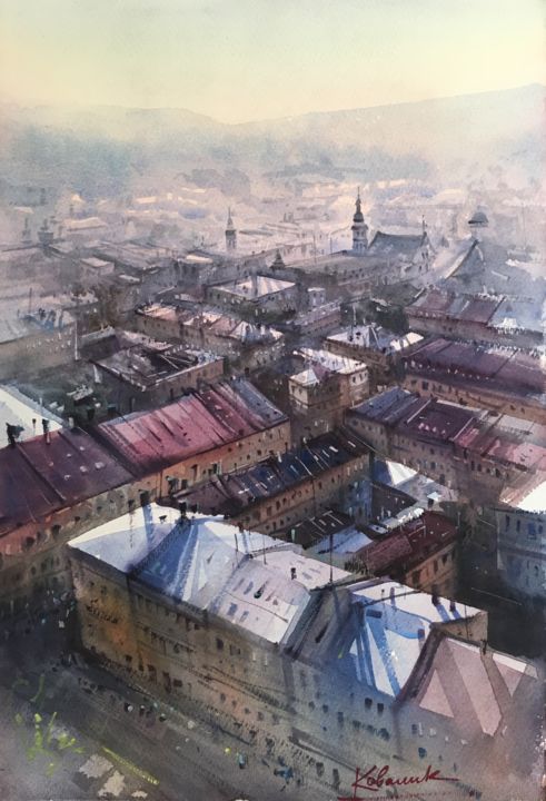 Painting titled ""View of Lviv from…" by Andrei Kovalik, Original Artwork, Watercolor