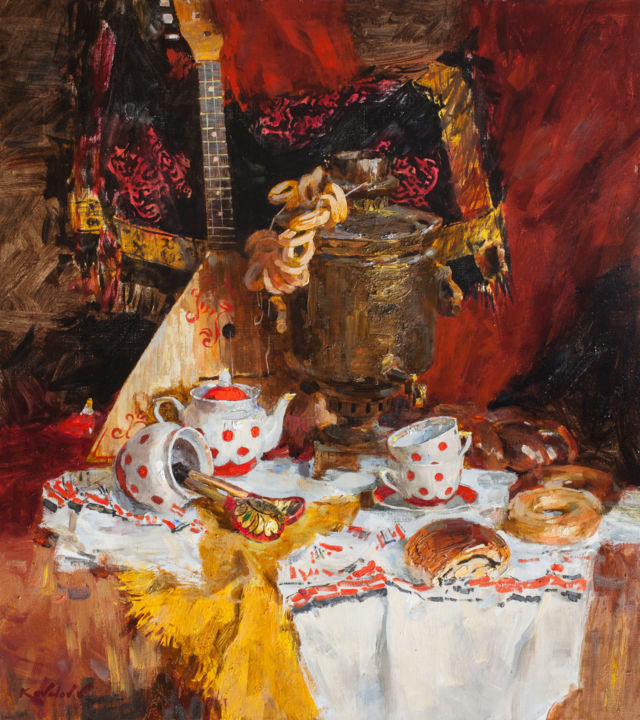 Картина под названием "Чай с бубликами" - Владимир Ковалев, Подлинное произведение искусства, Масло