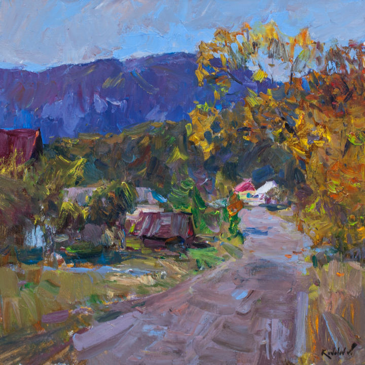 Картина под названием "Осенняя дорога" - Владимир Ковалев, Подлинное произведение искусства, Масло