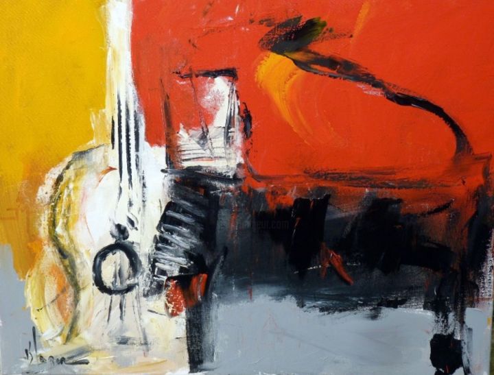 Peinture intitulée "PIANO ET CONTREBASSE" par Dom Kovi, Œuvre d'art originale, Huile