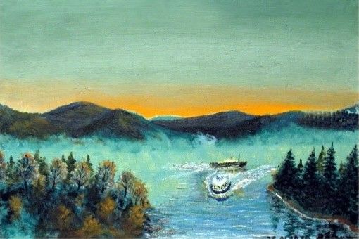 Painting titled "ferryboat" by Ruslan Shairakhmetov, Original Artwork, Oil