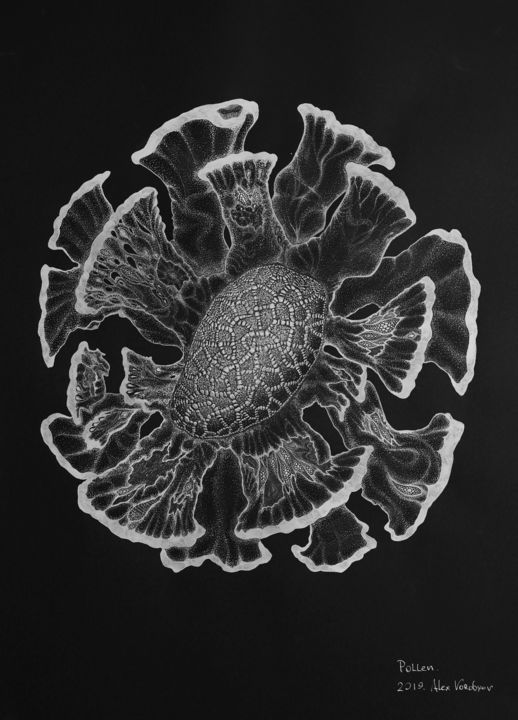 Drawing titled "Pollen" by Alex Vb, Original Artwork, Ink Mounted on Wood Panel