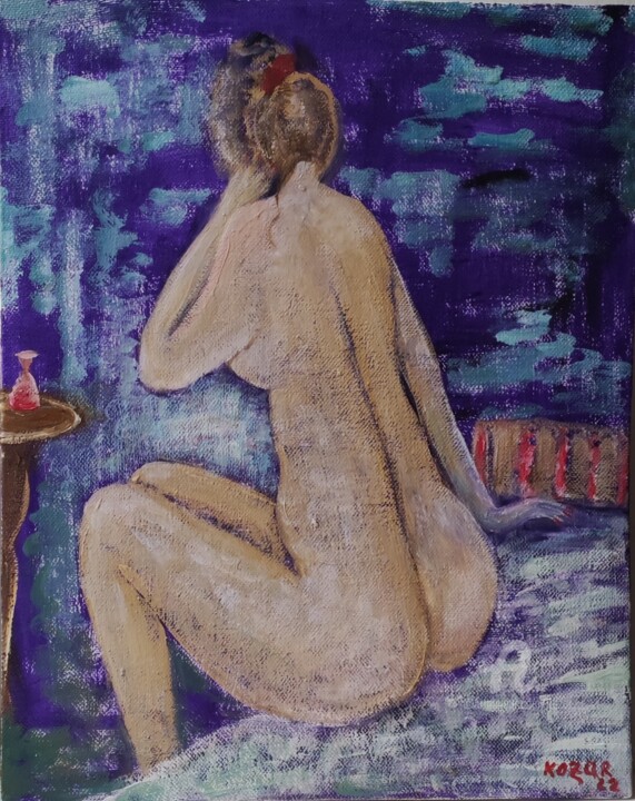 Peinture intitulée "Femme nu avec une b…" par Kozar, Œuvre d'art originale, Huile Monté sur Châssis en bois