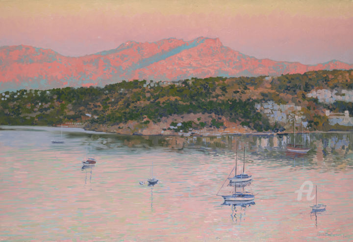 Painting titled "Bodrum.Pink Sunrise." by Simon Kozhin, Original Artwork, Oil Mounted on Wood Stretcher frame