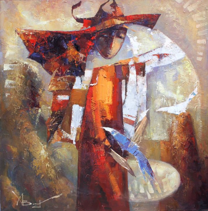 Painting titled "Девочка синей птицей" by Valentina Koziar, Original Artwork, Oil