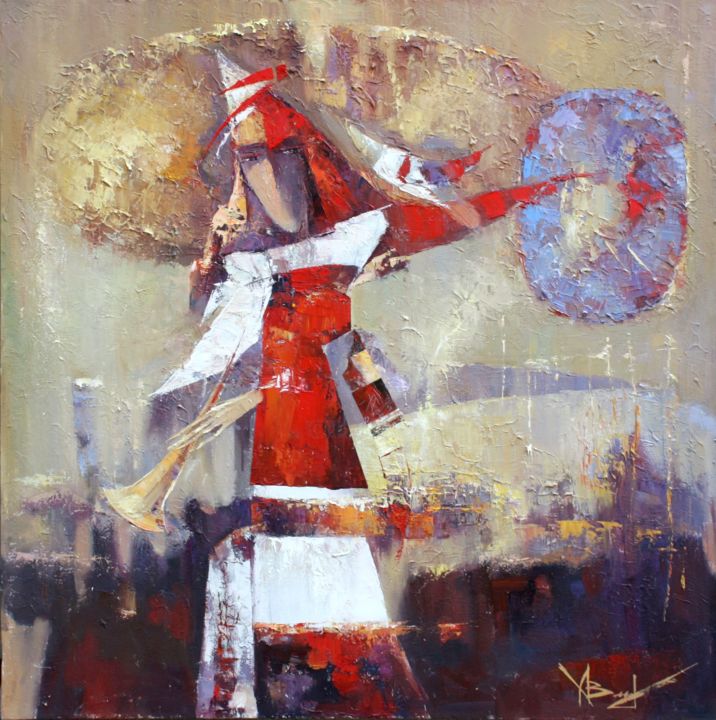 Painting titled "Sun musician" by Valentina Koziar, Original Artwork, Oil Mounted on Wood Stretcher frame