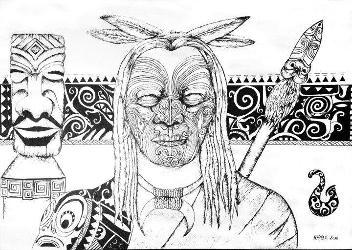 Dessin intitulée "Maori" par Kpbc, Œuvre d'art originale, Encre