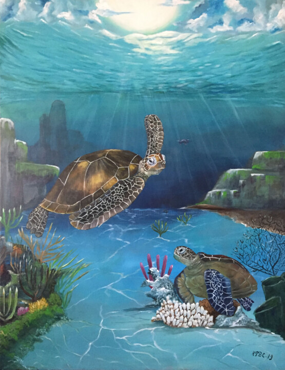 Painting titled "Tortues" by Kpbc, Original Artwork, Acrylic Mounted on Wood Stretcher frame