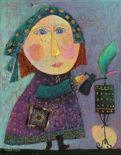Картина под названием "Podlewanie kwiatka" - Olga Kost, Подлинное произведение искусства