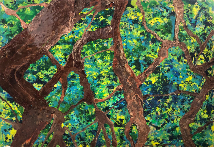 Painting titled "La forêt" by Karin Kralova, Original Artwork, Acrylic Mounted on Cardboard