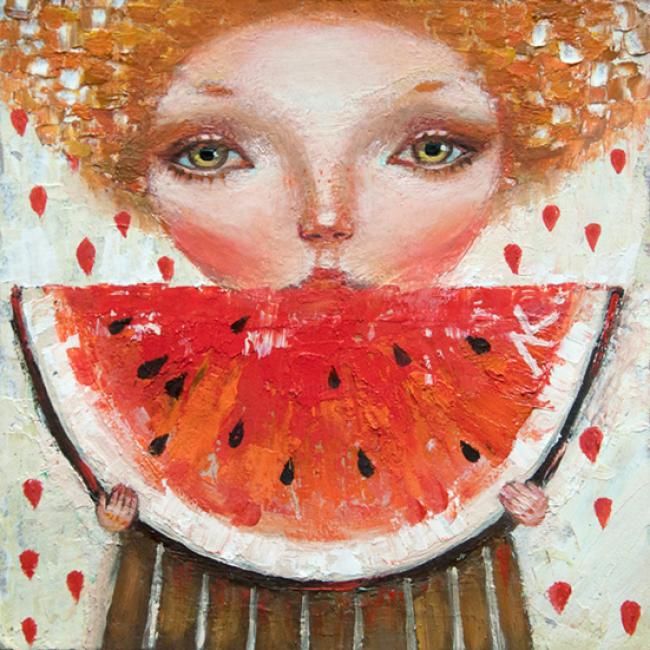 Peinture intitulée "Girl with watermelon" par Elena Krashevskaya, Œuvre d'art originale, Huile