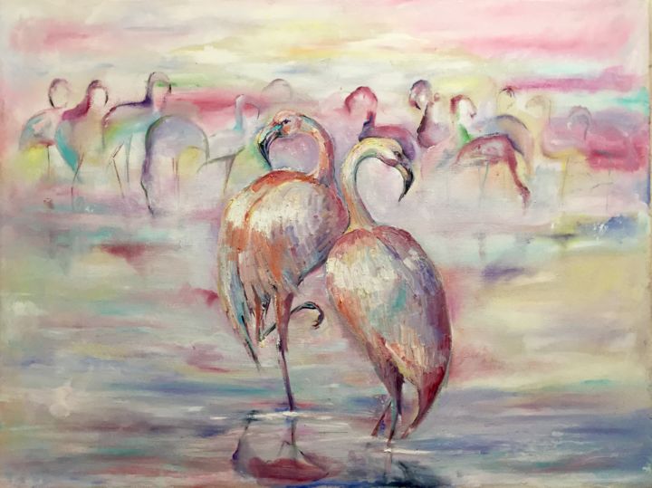 Peinture intitulée "Flamingos" par Julia Krasnova, Œuvre d'art originale, Huile