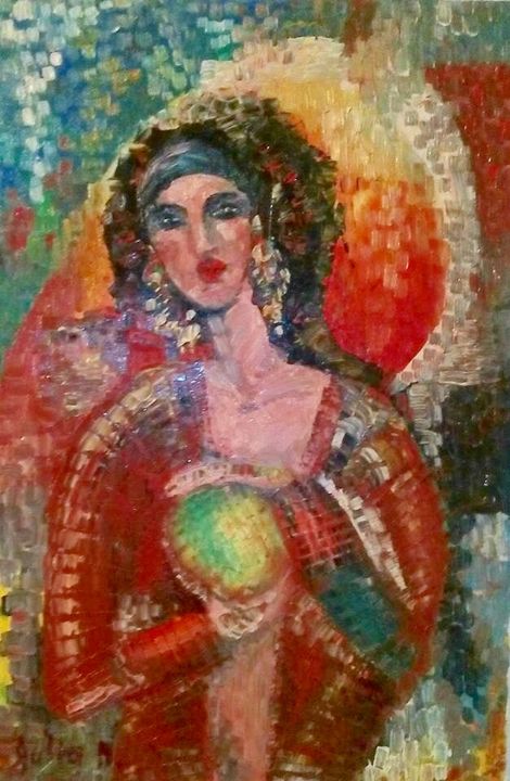 Painting titled "Girl with apple" by Julia Krasnova, Original Artwork, Oil