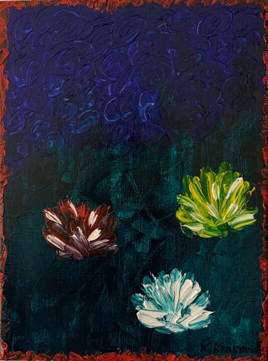 「Night lilies」というタイトルの絵画 Krasimir Krasovichによって, オリジナルのアートワーク, オイル ウッドストレッチャーフレームにマウント
