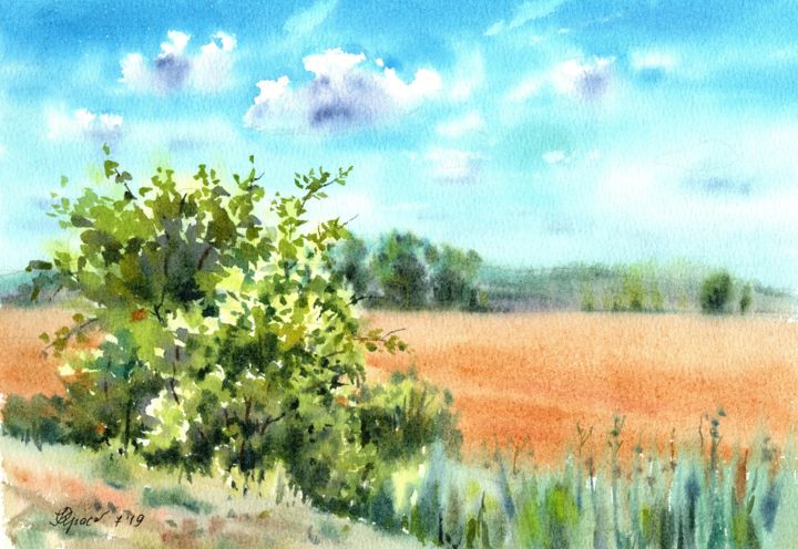 Painting titled "Field" by Olga Krasyukova, Original Artwork, Watercolor