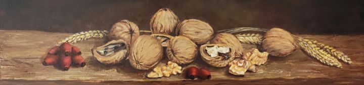 Картина под названием "Натюрморт с орехами" - Nina Fedotova, Подлинное произведение искусства, Масло