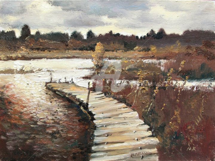 Malerei mit dem Titel "Lake Footbridge" von Mark Kremer, Original-Kunstwerk