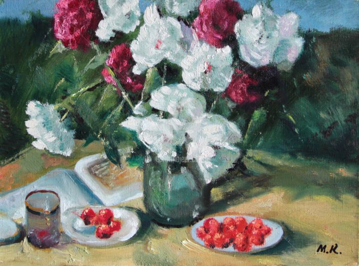 Painting titled "Peonies and Strawbe…" by Mark Kremer, Original Artwork