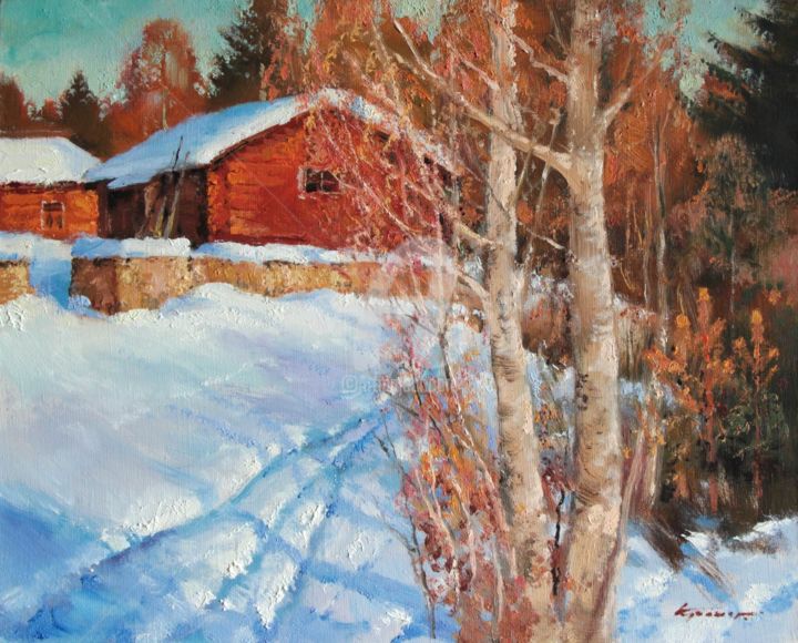 Malerei mit dem Titel "Red shed. March" von Mark Kremer, Original-Kunstwerk