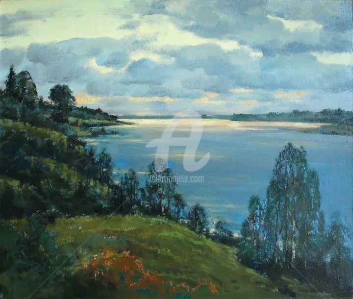 Painting titled "Evening above Lake,…" by Mark Kremer, Original Artwork, Oil