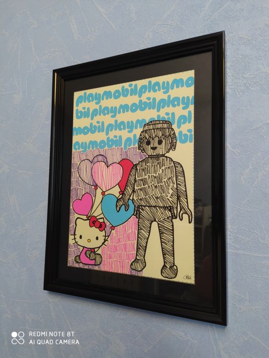 Drawing titled "Kitty love playmobil" by Cébé, Original Artwork, Marker Mounted on Other rigid panel