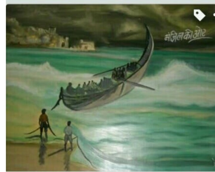 「Towards destination」というタイトルの絵画 Krishna Art Galleryによって, オリジナルのアートワーク, オイル