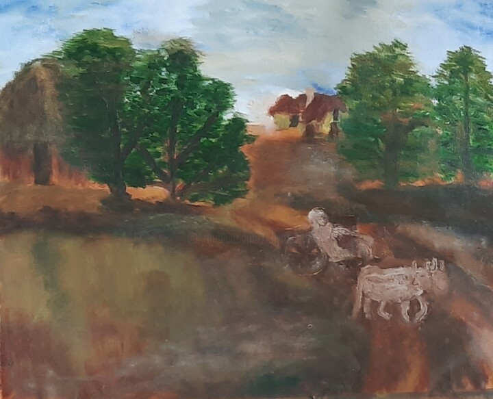 Painting titled "Village landscape" by Krishna Art Gallery, Original Artwork, Oil