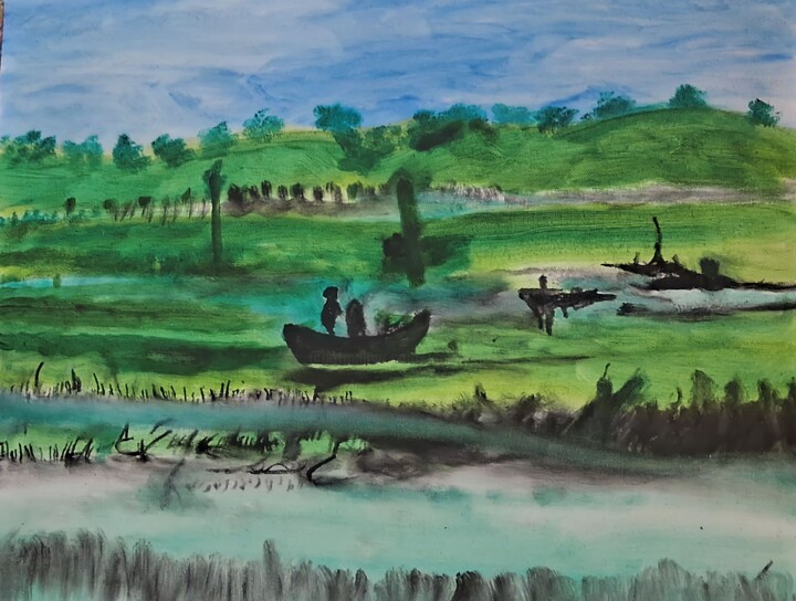 Pintura intitulada "Landscape with boat" por Krishna Art Gallery, Obras de arte originais, Óleo
