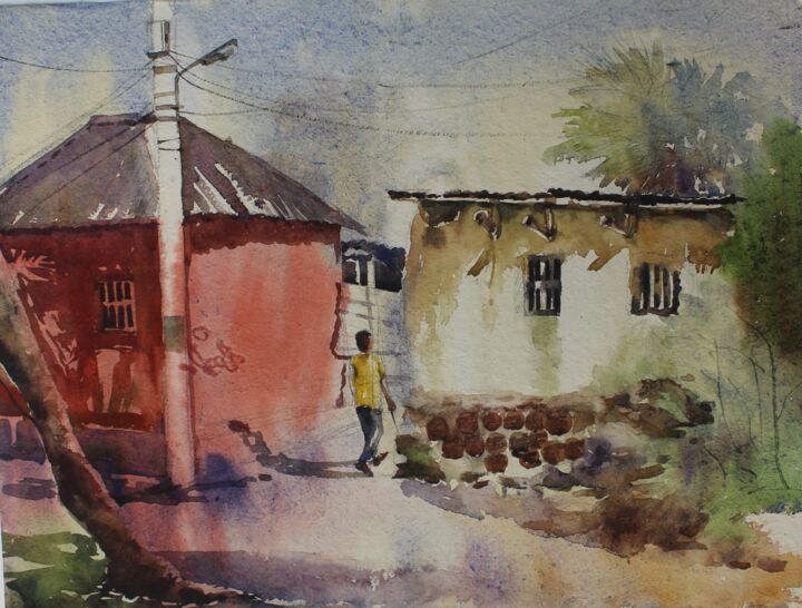 Painting titled "Indian village scen…" by Krishna Mondal, Original Artwork, Watercolor