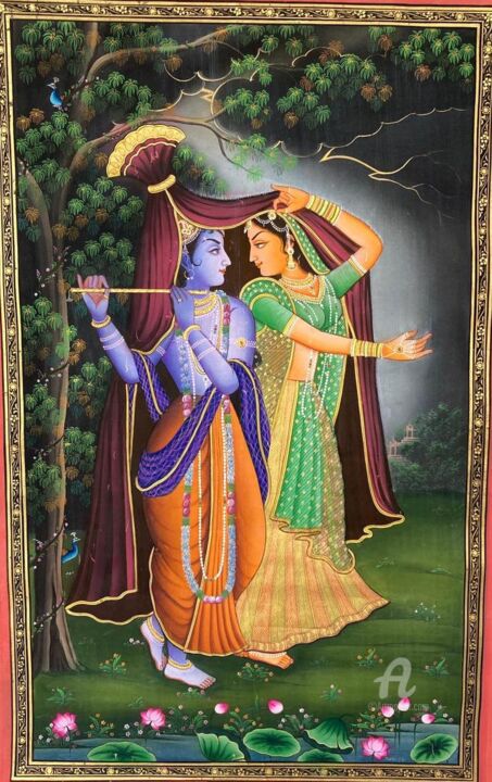 Peinture intitulée "Krishna Leela amids…" par Krishnasarang India, Œuvre d'art originale, Aquarelle