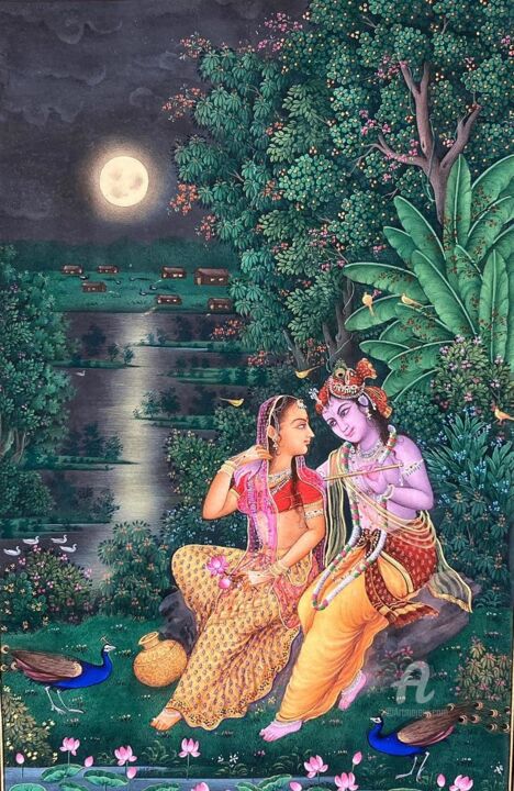 Картина под названием "Radha & Krishna's s…" - Krishnasarang India, Подлинное произведение искусства, Акварель